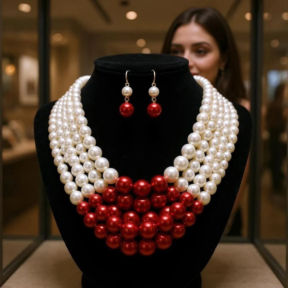 Layered Cream And red Faux Pearl Necklace Set